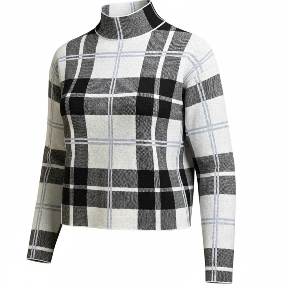 Tahari Cropped Black/White/Blue Plaid Mock Turtleneck Sweater Women’s Size M